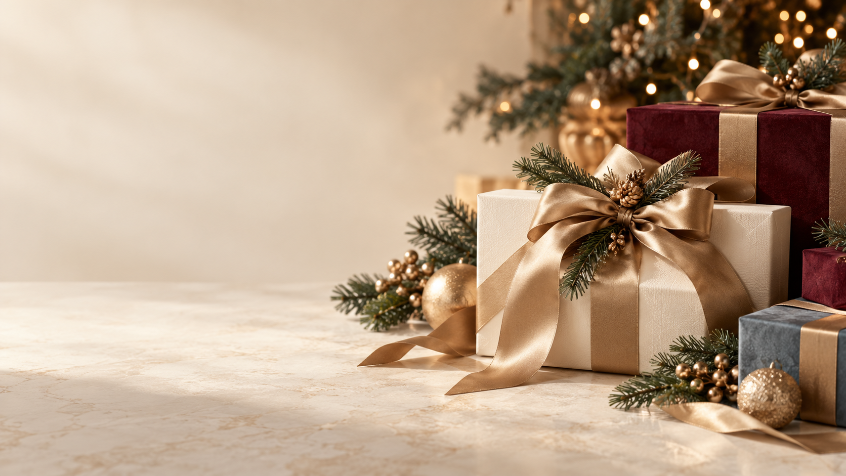 Festive gifting inspiration with gold ribbon and evergreen details